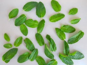 Rinsed mint leaves spread out on a cutting board.