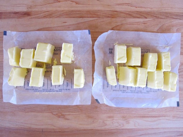 Sticks of butter sliced.