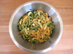 Meyer Lemon Basil Pasta Salad in a mixing bowl.