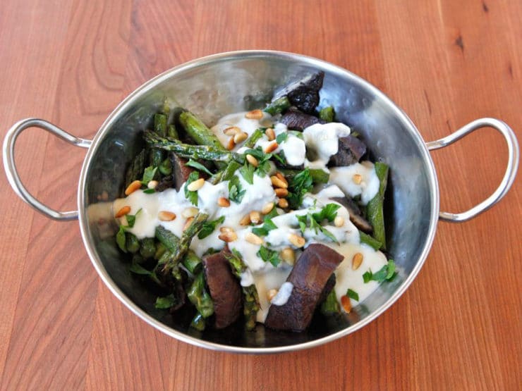 Roasted Portobellos & Asparagus with Goat Cheese Sauce - Simple vegetarian entree or side dish recipe with roasted asparagus, portobello mushrooms, creamy goat cheese sauce and pine nuts. Kosher, Dairy.