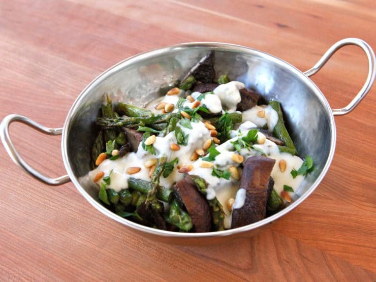 Roasted Portobellos & Asparagus with Goat Cheese Sauce - Simple vegetarian entree or side dish recipe with roasted asparagus, portobello mushrooms, creamy goat cheese sauce and pine nuts. Kosher, Dairy.