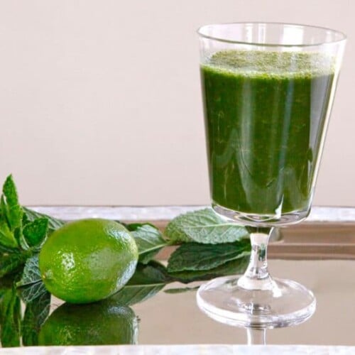 The Greenie - A nutritious, yummy smoothie tonic made with kale or spinach, apple, pear, grapes, fresh mint, lime juice and cinnamon. Healthy, vegan, kosher.