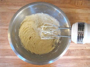 Cake batter in a mixing bowl.