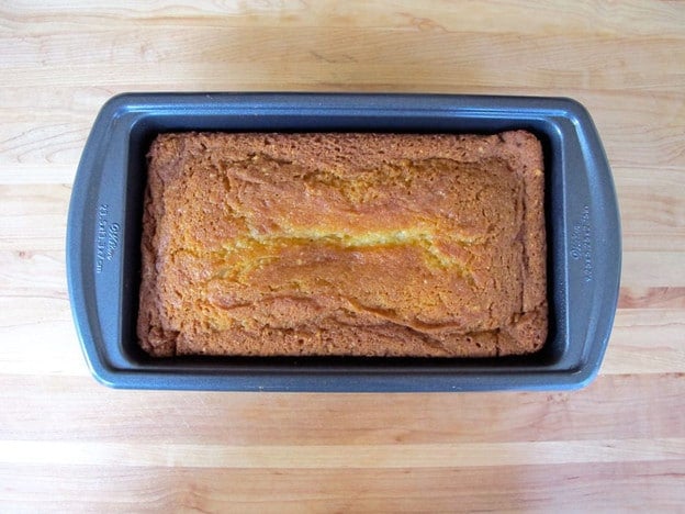 Almond ricotta cake in a loaf pan.