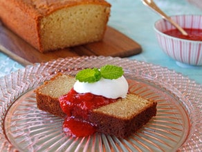 Almond Ricotta Pound Cake with Strawberry Rhubarb Compote