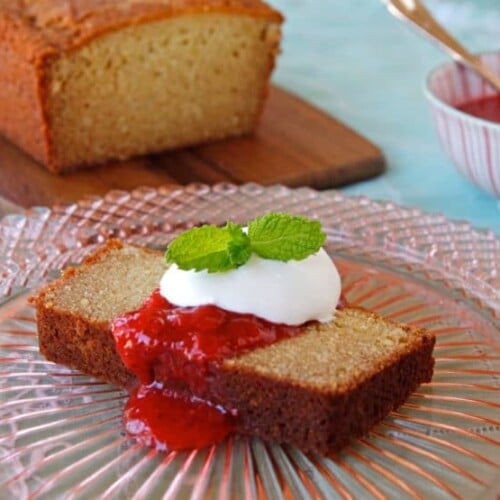 Almond Ricotta Pound Cake with Strawberry Rhubarb Compote