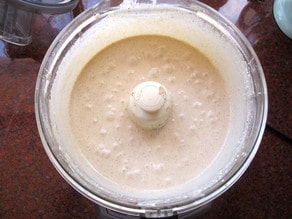 Eggs and cheeses blended in a food processor.
