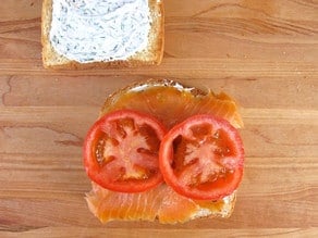Smoked salmon and tomato on toast.