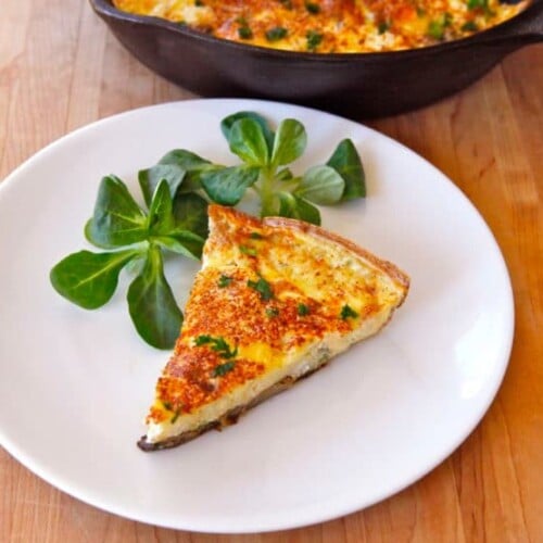 Mushroom, Harissa & Goat Cheese Frittata - A delicious and healthy frittata with seared mushrooms, spicy harissa, garlic, fresh parsley and goat cheese. Easy light entree. Kosher, Dairy.