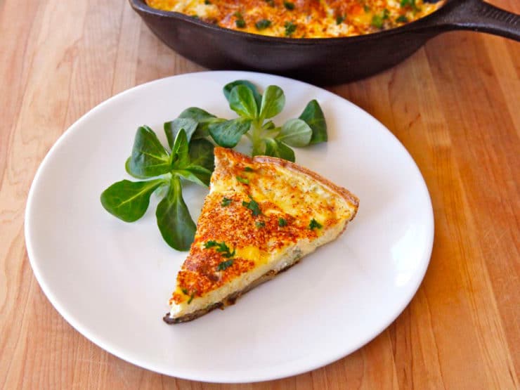 Mushroom, Harissa & Goat Cheese Frittata - A delicious and healthy frittata with seared mushrooms, spicy harissa, garlic, fresh parsley and goat cheese. Easy light entree. Kosher, Dairy.