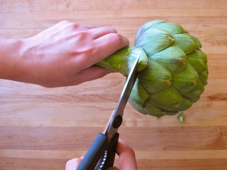 Removing pointy ends of artichoke leaves with kitchen shears.
