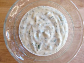 Lemon herb mayo in a small bowl.