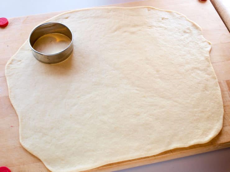 Kolache dough rolled out into a rectangle.