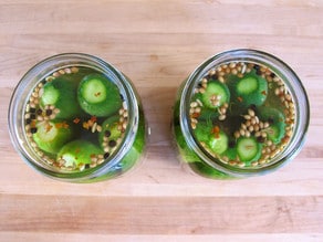 Pickles in jars topped with water.