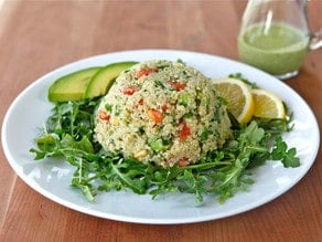 Quinoa Avocado Tabbouleh - In this modern take on tabbouleh salad, I’ve replaced bulgur with quinoa and added ripe avocado and pine nuts. Creamy dairy-free basil dressing. Healthy, gluten free recipe.
