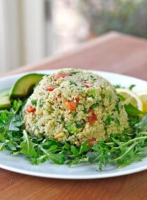 Quinoa Avocado Tabbouleh on TheShiksa.com #healthy #recipe #glutenfreQuinoa Avocado Tabbouleh - In this modern take on tabbouleh salad, I’ve replaced bulgur with quinoa and added ripe avocado and pine nuts. Creamy dairy-free basil dressing. Healthy, gluten free recipe.