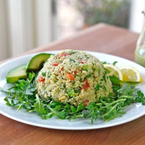 Quinoa Avocado Tabbouleh on TheShiksa.com #healthy #recipe #glutenfreQuinoa Avocado Tabbouleh - In this modern take on tabbouleh salad, I’ve replaced bulgur with quinoa and added ripe avocado and pine nuts. Creamy dairy-free basil dressing. Healthy, gluten free recipe.