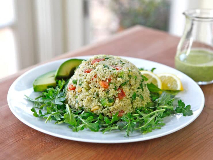 Quinoa Avocado Tabbouleh on TheShiksa.com #healthy #recipe #glutenfreQuinoa Avocado Tabbouleh - In this modern take on tabbouleh salad, I’ve replaced bulgur with quinoa and added ripe avocado and pine nuts. Creamy dairy-free basil dressing. Healthy, gluten free recipe.