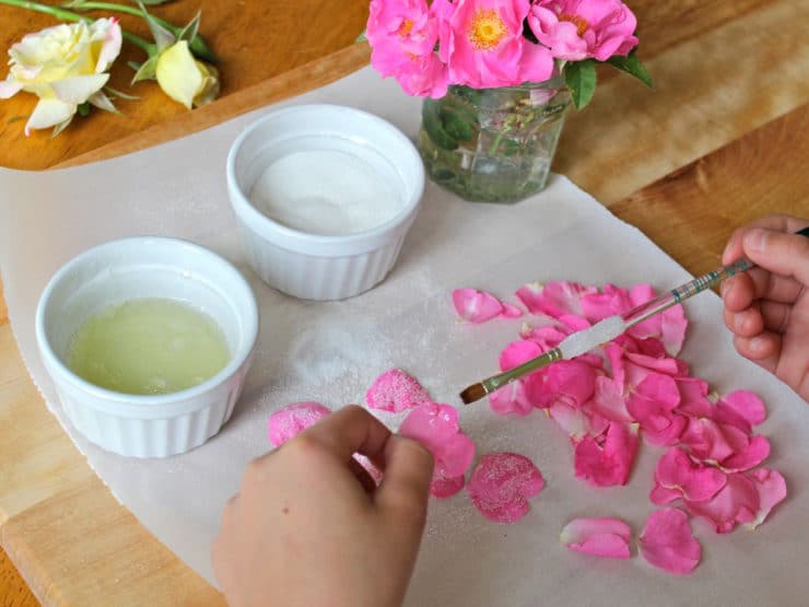 Painting rose petals with egg white.