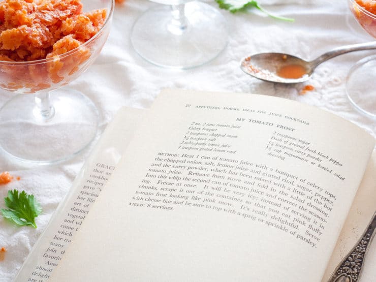 Tomato Frost - Chef Louise Mellor shares a recipe for Tomato Frost, a savory granita, from The Best in Cookery in the Middle West by Grace Grosvenor Clark, 1955