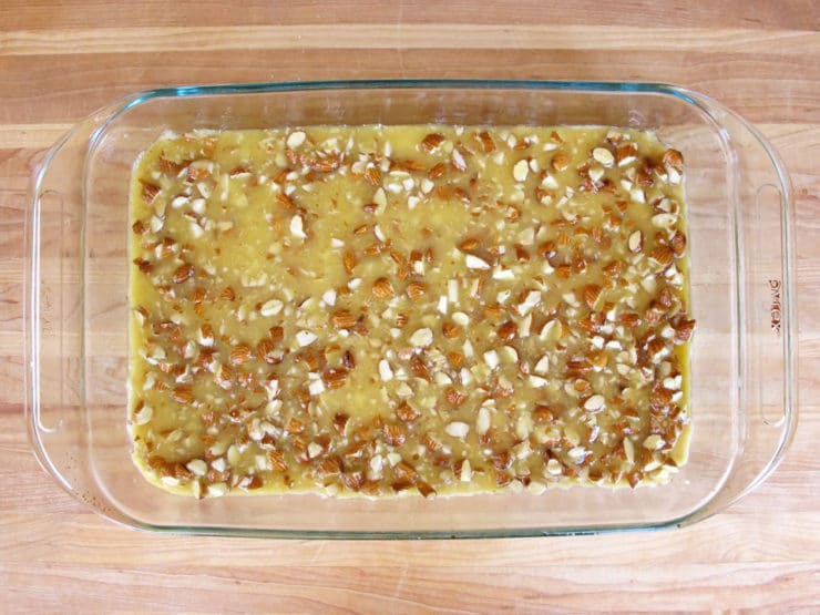 Topping poured over batter in a baking dish.