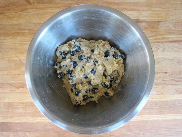 Blueberries folded into cake batter.