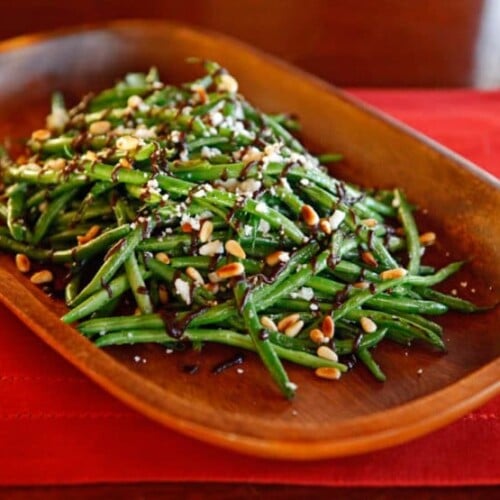 Green Beans with Balsamic Date Reduction, Feta and Pine Nuts - Healthy Vegetarian Recipe