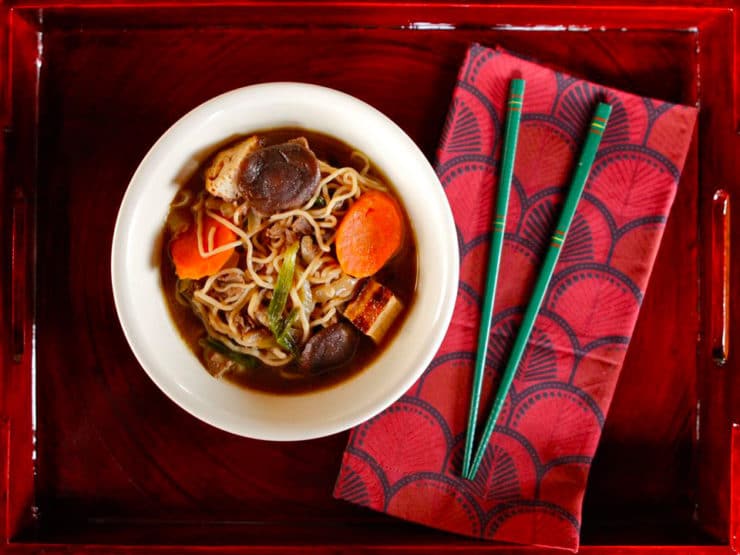 Sukiyaki: Japanese hot pot with beef, tofu, rice noodles and vegetables