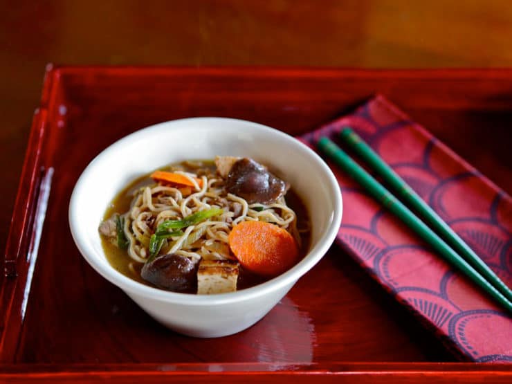 Sukiyaki: Japanese hot pot with beef, tofu, rice noodles and vegetables