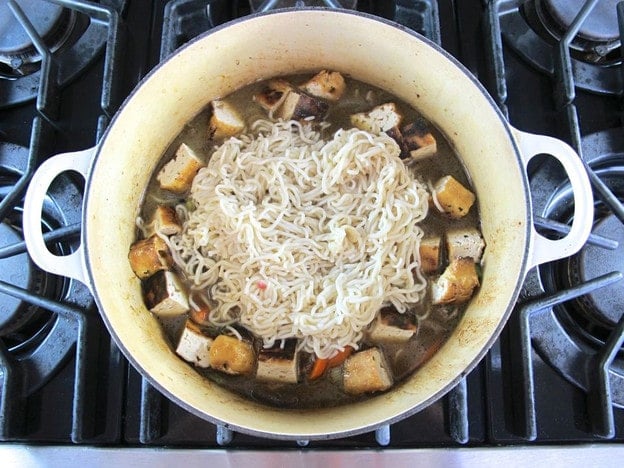 Noodles added to stock pot.