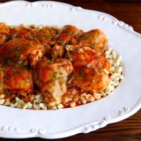 Michael Berkowits' Kosher Chicken Paprikash served on a fancy white plate and topped with finely chopped herbs