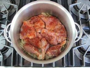 Chicken pieces added to sliced onion in stockpot.