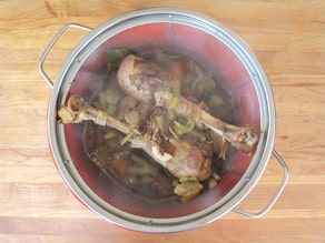 Strain the broth from the turkey legs and vegetables.