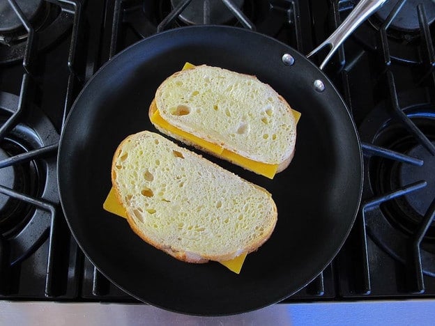 Grilled cheese in a skillet.