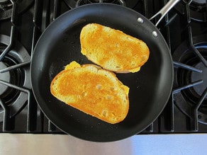 Grilled cheese in a skillet.