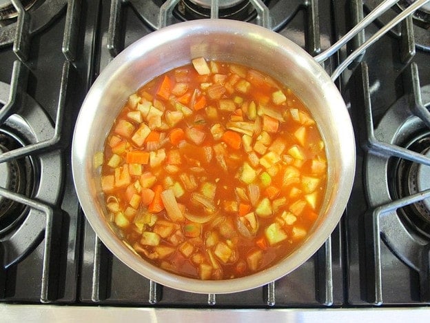 Tomato soup ingredients in a pot.