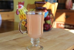 Homemade apple juice in a large glass.