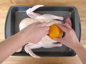 Stuffing orange and onion into duck cavity.