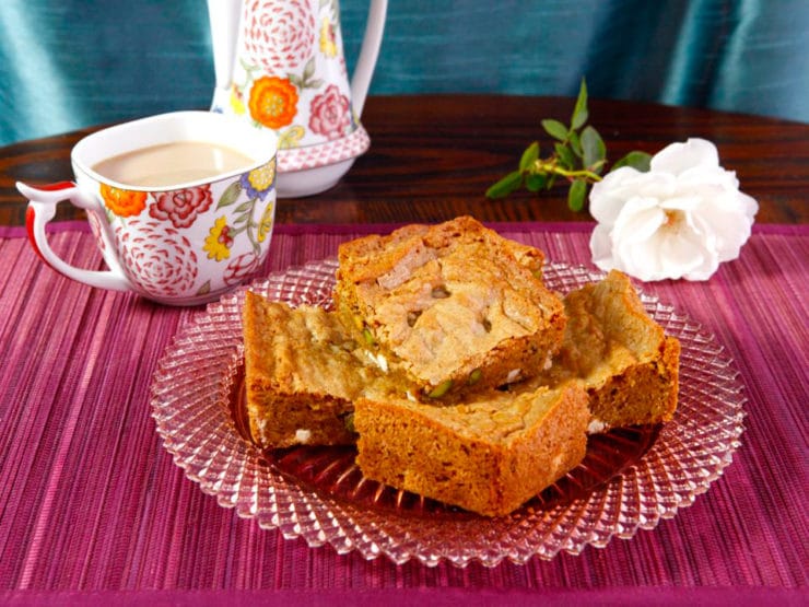 Pistachio Rose Blondies with White Chocolate & Browned Butter - Tempting and Exotic Dessert Recipe