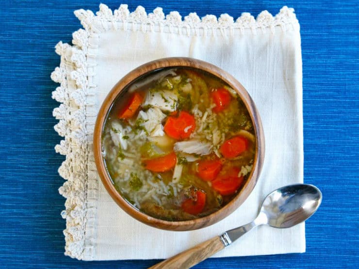 Rotisserie Chicken Rice Soup - Make delicious chicken rice soup from rotisserie chicken, vegetables, herbs and spices. Warm, comforting, richly flavored stock.