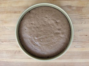 Baked cake in a round cake pan.