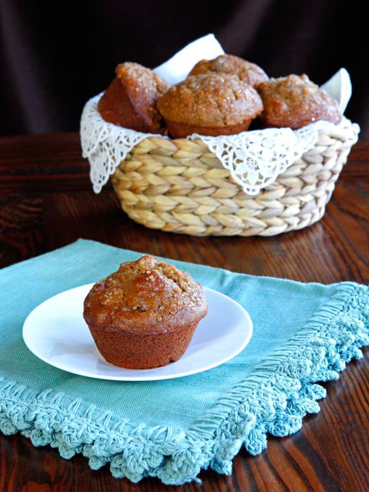 Seven Species Muffins - Biblical Recipe for Tu B'Shevat. These scrumptious muffins include the Seven Species of the Torah - Wheat, Barley, Fig, Date, Pomegranate, Olive, Grape. Kosher, Pareve.