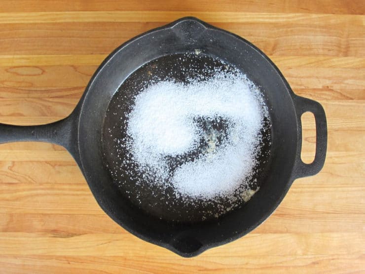 Salt in bottom of cast iron skillet.