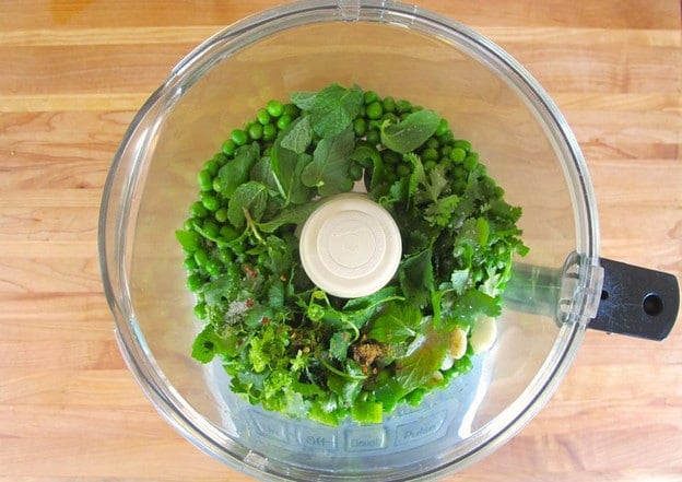 Spring peas in a food processor.