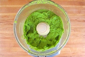 Peas processed to a paste in a food processor.