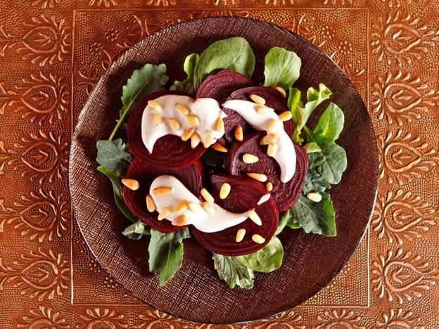 Roasted Beets with Tahini and Pine Nuts - Sweet, earthy beets and creamy sesame tahini dressing. Appetizer salad, aphrodisiac Recipe for Valentine\'s Day. Vegan, healthy.