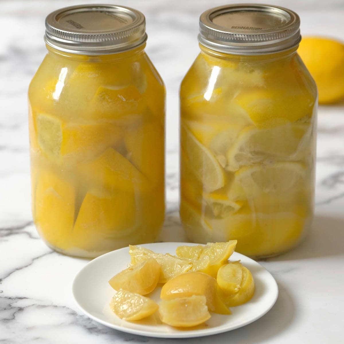 Dish of Preserved Lemon Quarters on marble counter, two jars of lemons in background.