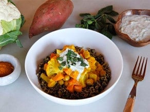 Vegetable Curry Quinoa Bowl - Recipe for Creamy Indian-Style Curry with Cauliflower, Sweet Potato and Chickpeas. Vegan or Vegetarian, by Tori Avey