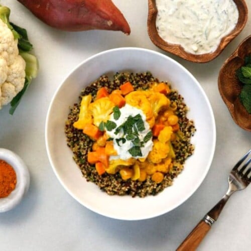 Vegetable Curry Quinoa Bowl - Recipe for Creamy Indian-Style Curry with Cauliflower, Sweet Potato and Chickpeas. Vegan or Vegetarian, by Tori Avey