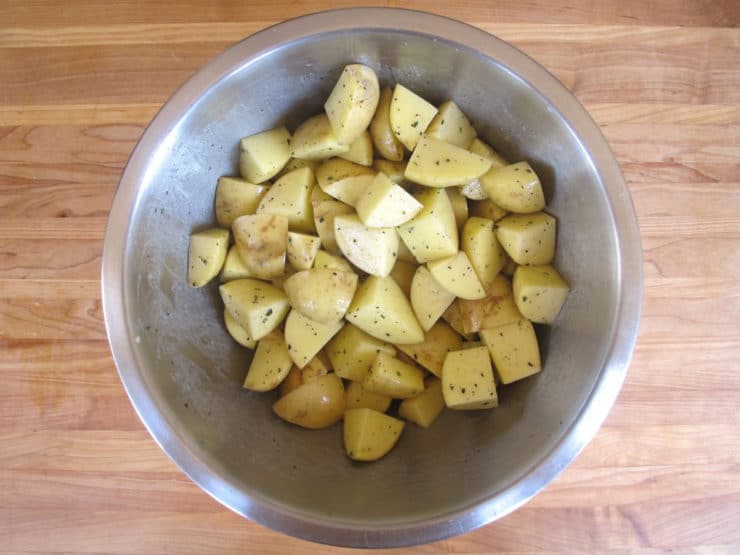 Diced Yukon gold potatoes in a mixing bowl.